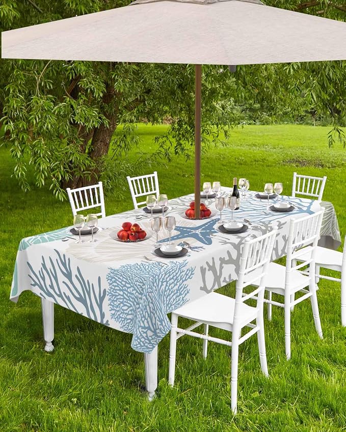 Coastal Outdoor Tablecloth - 60x102 Inch Rectangle Dining Table Cover, Blue Teal Coral Summer Beach Ocean Starfish Waterproof Outdoor Table Cloth with Umbrella Hole & Zipper for Picnic/Patio/Party