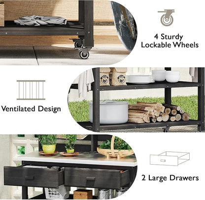 65 Inch Outdoor Potting Bench with Stainless Steel Top, Black | Black fir wood, stainless steel top, garden or patio, upper hutch, 2 drawers, towel rack, lockable wheels, 52 in L
