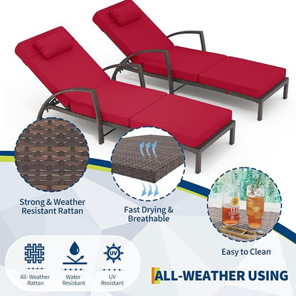 GarveeLife 2-Piece Rattan Patio Folding Chaise Lounge, 5-Position Adjustable Backrest Outdoor Lounge Chair with Cushion and Pillow for Poolside, Backyard, Deck, Porch, Red