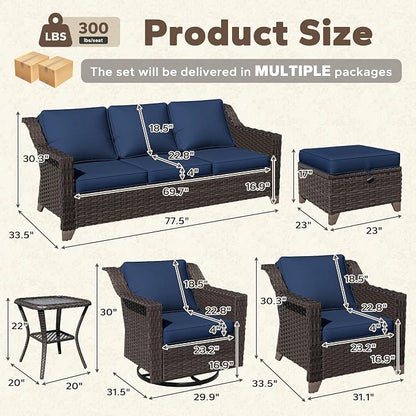 8 Pieces Patio Conversation Furniture Set - 1 Sofa, 2 Ottomans, 2 Armchairs, 2 Swivel Chairs, 1 Side Table, Outdoor Wicker Furniture with Removable Cushions for Porch, Sunroom (Blue)