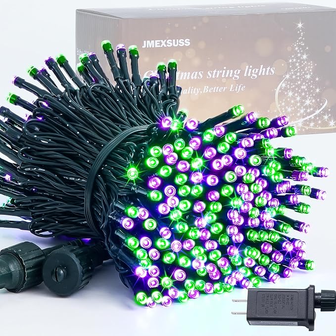 JMEXSUSS 250 LED Halloween Lights Plug in, Purple and Green String Light | Connectable, Durable, Indoor/Outdoor, Waterproof, 8 Modes, Timer, for Halloween Tree Party Garden Patio Decorations