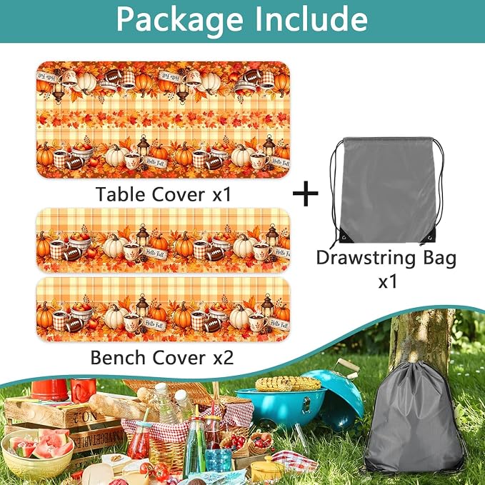 Fall Picnic Table Cover with Bench Covers with Drawstring Bag, Camping Essentials Autumn Maple Leaf Pumpkin Waterproof Oilproof Camping Tablecloth, Fitted Rectangle Tables and Seats, 3PCS, 30x72 Inch