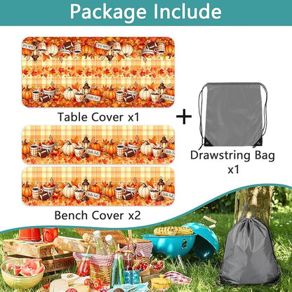 Fall Picnic Table Cover with Bench Covers with Drawstring Bag, Camping Essentials Autumn Maple Leaf Pumpkin Waterproof Oilproof Camping Tablecloth, Fitted Rectangle Tables and Seats, 3PCS, 30x96 Inch