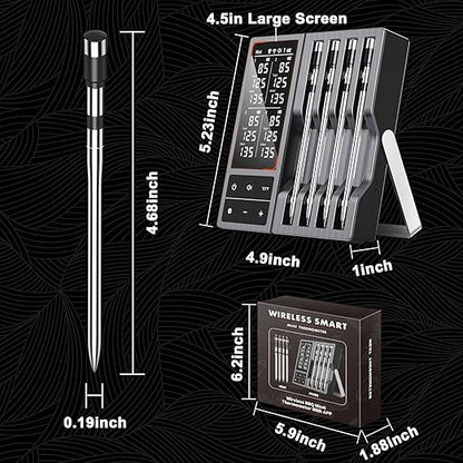 Wireless Meat Thermometer with Smart Timer & APP Alerts, 800ft Bluetooth Grill Food Thermometer, 4 X 0.19In Ultra Thin Probes, ±0.5℉ Accuracy, Big Digital Backlit Screen, for BBQ, Oven, Smoker