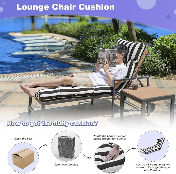 Outdoor Lounge Chair Cushions, 74.4 x 22 x 4.7 Inches Waterproof Fade Resistant Patio Cushion for Chaise Lounger