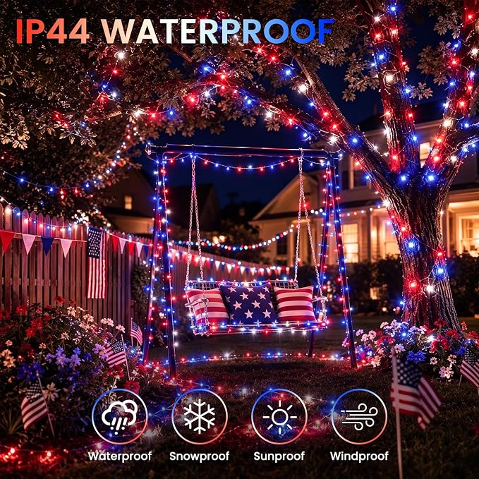 2-Pack Connectable 4th of July 164FT 400LED String Lights, Extra-Long Led Twinkle Lights Waterproof with 13 Modes& Timer, Independence Day Decoration Outdoor Indoor, Red White and Blue