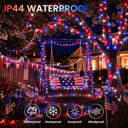 2-Pack Connectable 4th of July 164FT 400LED String Lights, Extra-Long Led Twinkle Lights Waterproof with 13 Modes& Timer, Independence Day Decoration Outdoor Indoor, Red White and Blue