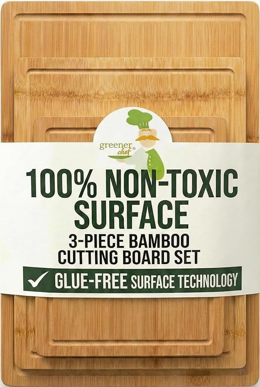 GREENER CHEF Glue-Free Surface Organic Bamboo Wood Cutting Board 3-Piece Set – Non Toxic Cutting Board Set – Lightweight, Heavy Duty Wooden Serving Boards for Charcuterie - Safer Family Meal Prep