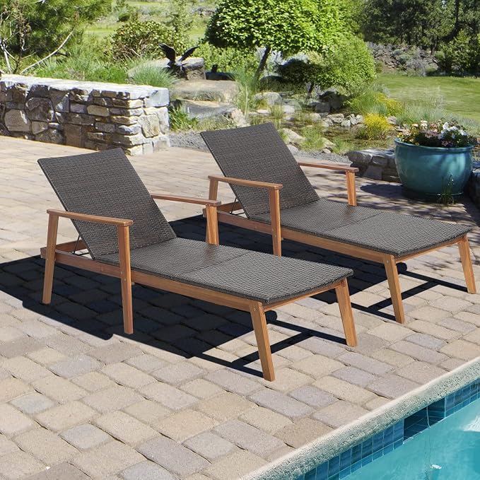 COSTWAY Patio Rattan Chaise Lounge Chair Recliner Back Adjustable Acacia Wood Garden