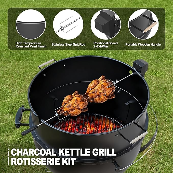Rotisserie Grill Kit Premium Chicken Rotisserie for Weber 22 Kettle Grill, Rotating Ring Kit for Weber Kettle Accessories, Upgraded Electric Motor - Well Balanced