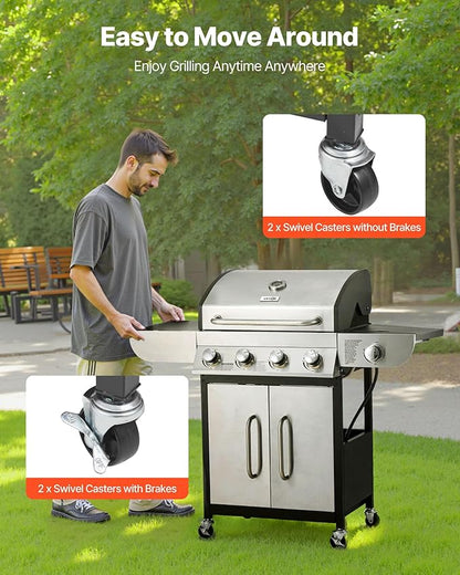 VEVOR Gas Grill, 4 Burner Propane Gas Grill with Side Burner, 425 SQ.In Grilling Area, Carbon Steel Enamel Grates, Outdoor 52,000 BTU Patio Garden BBQ Grills with Two Side Shelves, Stainless Steel