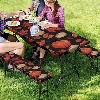 Thanksgiving Elastic Fitted Table Cloth for Outdoor Camping Red Maple Leaf Pumpkin Camping Table Cloth for Picnic Table 3 PCS Set