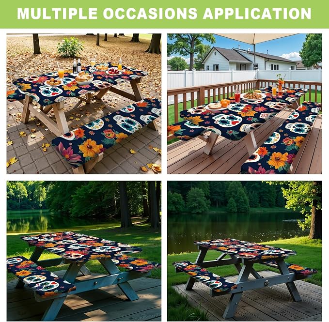 ANNA QUEEN Day of The Dead Sugar Skull 6FT Picnic Table Cover, 72"x30" 3PCS Bench and Table Cover Set, Waterproof Halloween Camping Outdoor Decor