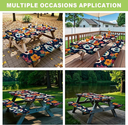 ANNA QUEEN Day of The Dead Sugar Skull 6FT Picnic Table Cover, 72"x30" 3PCS Bench and Table Cover Set, Waterproof Halloween Camping Outdoor Decor