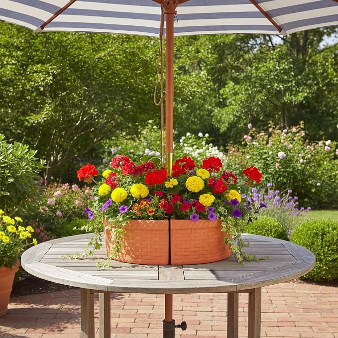1 Set Patio Umbrella Planter Rustic 2 Pcs Half Round Planter 12" Cement Planters Half Circle Flower Pot for Patio Table Garden Home Plant Outdoor(Terracotta Color,Country Style)