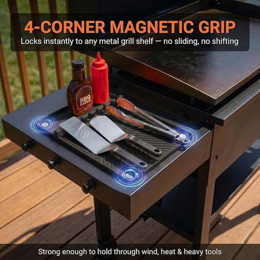 Magnetic Silicone Side Shelf Mat for Blackstone Griddle - 4 Corner Magnets, Extra Thick, Linear Drip Channels, 446°F Heat Resistant, 16"x11.5", Fits Weber Traeger Pit Boss, BBQ Gift for Men