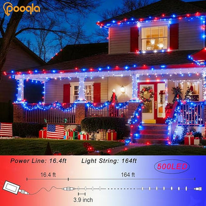 Pooqla 500 LED 164 FT Red White and Blue Lights, 4th of July Patriotic Decoration Twinkle Lights, 8 Modes Plug in 4th of July String Lights for Indoor Outdoor Independence Day Decorations, Green Wire