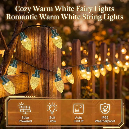 C9 Solar Powered LED Christmas String Lights 50 LED Waterproof Strawberry Light with 8 Mode Green Wire Lighting for Outside Patio Wedding Party Decor