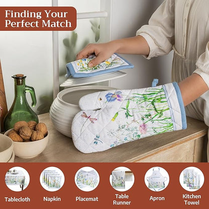 Maison d'Hermine Oven Gloves 100% Cotton Oven Mitt 7" x 13" with Loop Heat Resistant BBQ Cooking Gloves Baking Grilling Kitchen Hotel Home Farmhouse Spring Summer (Pack of 1, Fleurs De Mai)