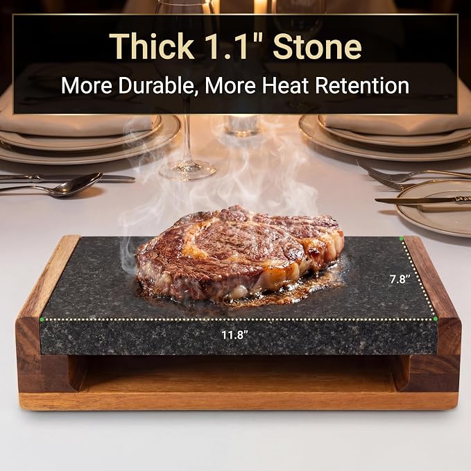 Nutrichef Cooking Stone Grill Set - Hot Lava Rock Sizzling Plate for Steak BBQ & Meat Grilling with Stainless Steel Knives, Cooks and Retains Heat & Flavor, Heated Tray for Serving Food