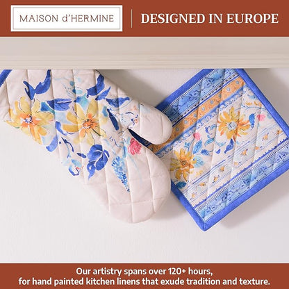 Maison d' Hermine 100% Cotton Oven Mitt & Pot Holder Set (7.5"x13" & 8"x8") Heat Resistant BBQ Cooking Gloves with Loop Baking Grilling Kitchen Hotel Home Farmhouse Spring Summer (Girassol)