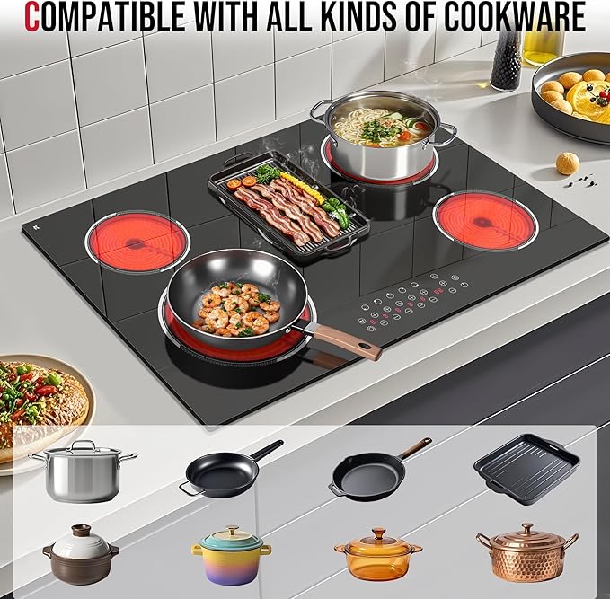 30 Inch Electric Cooktop, Built-in 5 Burner Electric Stovetop 8400W for Big Family Cooking & Feasts, 30" Glass Ceramic Cook Top with Oval Expanded Zone, Child Lock, Timer, 220V No Plug