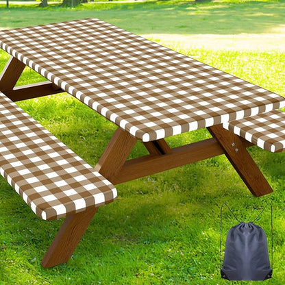 Smiry Picnic Table Cover with Bench Covers, Waterproof Elastic Fitted Tablecloths for 6 Foot Rectangle Tables, Washable Buffalo Plaid Tablecloth for Camping, Outdoor (Brown & White, 30"x72")