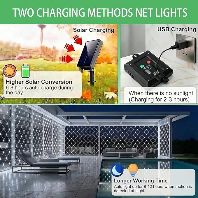 Pooqla Solar Net Lights, 21x5ft 360LED Christmas Net Lights Outdoor with 8 Modes, Solar & USB Powered Waterproof Green Wire Net Mesh String Lights for Bush Backyard Patio Decor, Cool White
