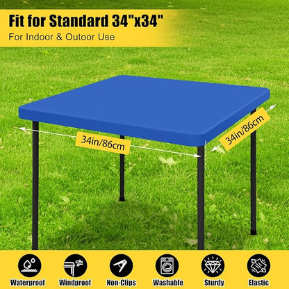 Smiry Square Picnic Table Cloth, Waterproof Elastic Fitted Tablecloths for 3 Foot Tables, Washable Polyester Table Cover for Camping, Indoor and Outdoor (Blue, 34"x34")