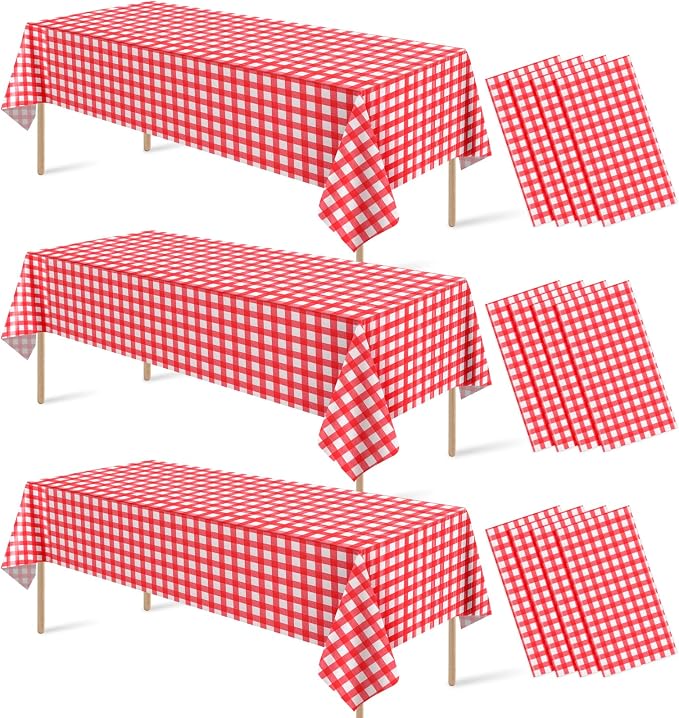 12 Pcs Red Gingham Tablecloths, Checkered Party Table Covers 54x108 Inch | Red and White Checkered Tablecloths, Disposable Plastic Waterproof for Hot Dog Party Picnic Camping Barbecue Birthday Party