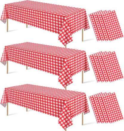 12 Pcs Red Gingham Tablecloths, Checkered Party Table Covers 54x108 Inch | Red and White Checkered Tablecloths, Disposable Plastic Waterproof for Hot Dog Party Picnic Camping Barbecue Birthday Party