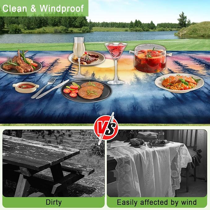 JAWO Picnic Table Cover with Bench Covers, Forest Mountain Camping RV Essentials Gear Supplies Outdoor Camper Waterproof Windproof Tablecloth with Elastic, 90in