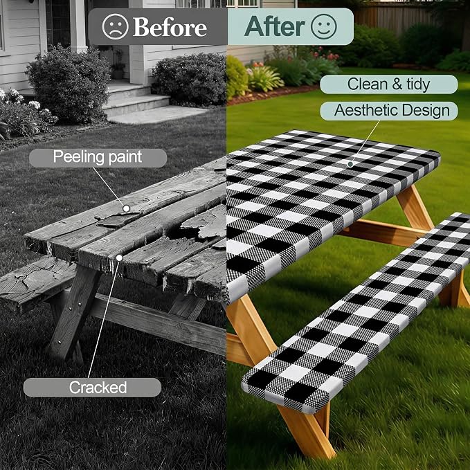 Picnic Table Cover Bench Covers Camping Essentials Tablecloth | Waterproof Vinyl for Outdoor, Windproof Elastic Fitted Edges, RV BBQ Accessories Must Haves, Storage Bag Included
