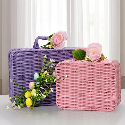 Mini Wicker Picnic Basket, Decorative Prop Suitcase Vintage Storage Hamper Makeup Organizer, 8.7" Metal Lock Rattan Storage Box with Handles for Sundries Travel Camping and Outdoor Party (Pink, Small)