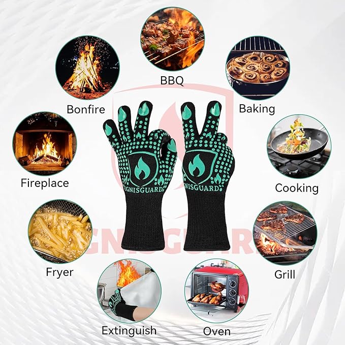BBQ & Grill Gloves, Oven Gloves, 1472°F Silicone Oven Mitts Heat Resistant Grilling Gloves Fireproof Non-Slip for Barbecue Cooking Baking Smoking, 1-Pair (Green, Large)