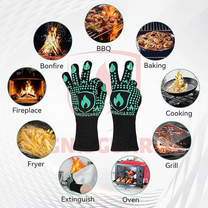 BBQ & Grill Gloves, Oven Gloves, 1472°F Silicone Oven Mitts Heat Resistant Grilling Gloves Fireproof Non-Slip for Barbecue Cooking Baking Smoking, 1-Pair (Green, Medium)