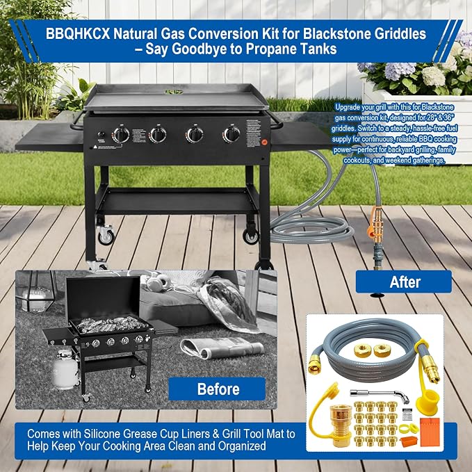 5249 Natural Gas Conversion Kit for Blackstone Grill 28" 36" Griddle, Propane to Natural Gas Conversion Kit w/10ft Natural Gas Hose, Silicone Grill Tool Mat, Grease Cup Liners, 3/8" Quick Connect Etc.