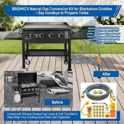 5249 Natural Gas Conversion Kit for Blackstone Grill 28" 36" Griddle, Propane to Natural Gas Conversion Kit w/10ft Natural Gas Hose, Silicone Grill Tool Mat, Grease Cup Liners, 3/8" Quick Connect Etc.