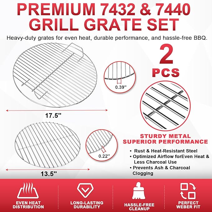 17.5" Charcoal Cooking Grate for Weber 18.5" Smokey Mountain Bar-B-Kettle, One-Touch, Cooker Smoker, Jumbo Joe, Original Kettle Grill, Stainless Steel Round Grate Kit Accessories for Weber 7432 7440