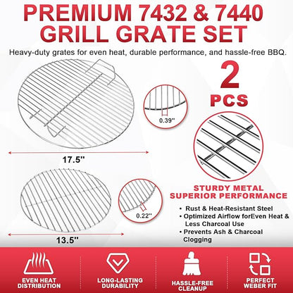 17.5" Charcoal Cooking Grate for Weber 18.5" Smokey Mountain Bar-B-Kettle, One-Touch, Cooker Smoker, Jumbo Joe, Original Kettle Grill, Stainless Steel Round Grate Kit Accessories for Weber 7432 7440