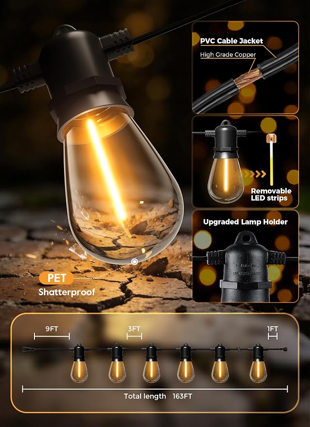 Minetom 163FT Solar String Lights Outdoor Waterproof,S14 Patio Lights | 52 LED Shatterproof Bulb, Remote Type-C Port Timable, 3 Light Modes Dimmable Solar String Lights for Outside, Yard, Camping