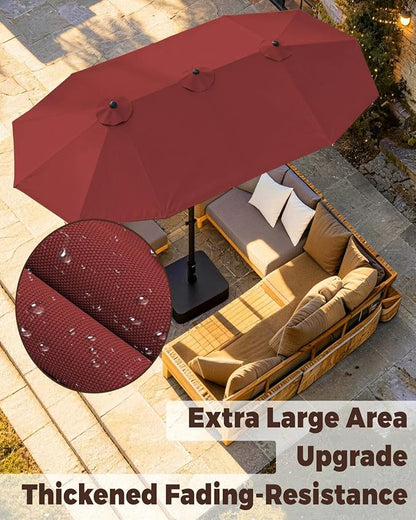 GDPFN 15FT Large Patio Umbrella with Base Included, Outdoor Deck Standing Umbrella with Crank Handle, Double-Side Rectangular Pool Umbrella for Outside, Market, Patio, Burgundy