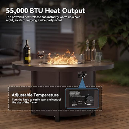 Kullavik 48" Round Propane Fire Pit Table,55000 BTU Auto-Ignitiongas Gas Fire Table with Fire Glass and Lid,Waterproof Cover and Pumice Stone for Patio,Balcony,Garden