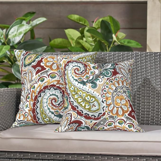 LVTXIII 2 Pack Outdoor Throw Pillow Covers for Patio Furniture, 16x16 Inch Square Pillow Case, Water-Repellent Cushion Covers for Garden, Porch, Sofa, Vibrant Paisley
