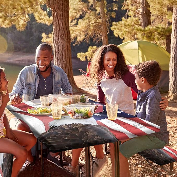 American Flag Picnic Fitted Tablecloth and Bench Seats Cover, 4th of July Independence Day USA Flag Rectangle Elastic Table Cover, 72x28 In, 3 Pcs Set, for Indoor/Outdoor Picnic, BBQ and Dining Use