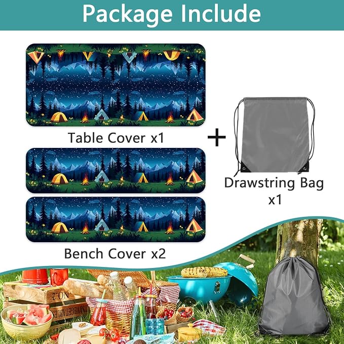 Camping Picnic Table Cover with Bench Covers, Camping Essentials, Forest Campfire Tent Flowers Outdoor Table Covers, Waterproof Windproof, Fitted Tablecloth Cover with Elastic Edge, 3 PCS, 30x96 Inch