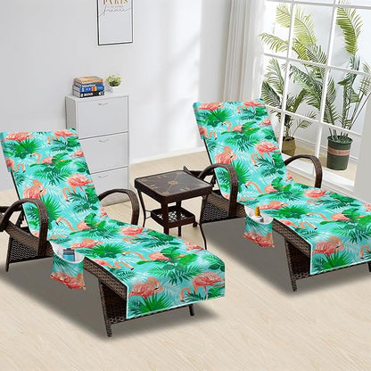Lounge Chair Towel Cover, Beach Chair Cover (Pack of 2),Pool Lounge Chair Covers for Outdoor,Garden,Beach,Sun Lounger,Hotel pool,Large Size and No Sliding, 85" X 30",Green Coral Pink Flamingo
