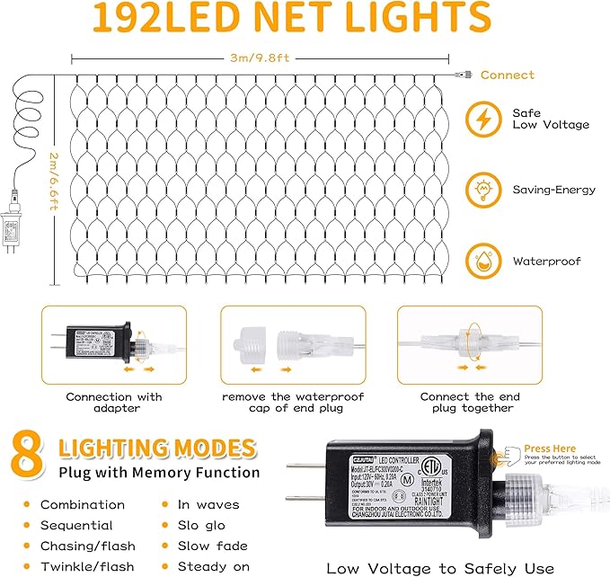 HEYFUNi 192 LED Net Lights Outdoor Mesh Lights,8 Modes Net Light for Bushes Plug in, Waterproof Christmas String Light for Bushes Ceiling Wedding Indoor Outdoor(9.8ft x 6.6ft,Warm White)