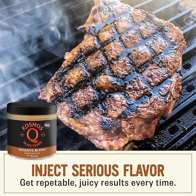 Kosmos Q Reserve Blend Brisket Injection, Premium Beef BBQ Marinade for Tender & Juicy Brisket, Phosphate-Enhanced for Moisture Retention, Competition-Grade Seasoning, Gluten Free, 16 Oz Jar