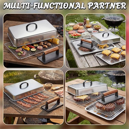 14 Inch Large Melting Dome and Grill Press Kit, 4 Pcs Griddle Accessories Set, Stainless Steel Cheese Basting Cover, Burger Bacon Press, 2 Cooling Racks for Flat Top Grill Indoor Outdoor